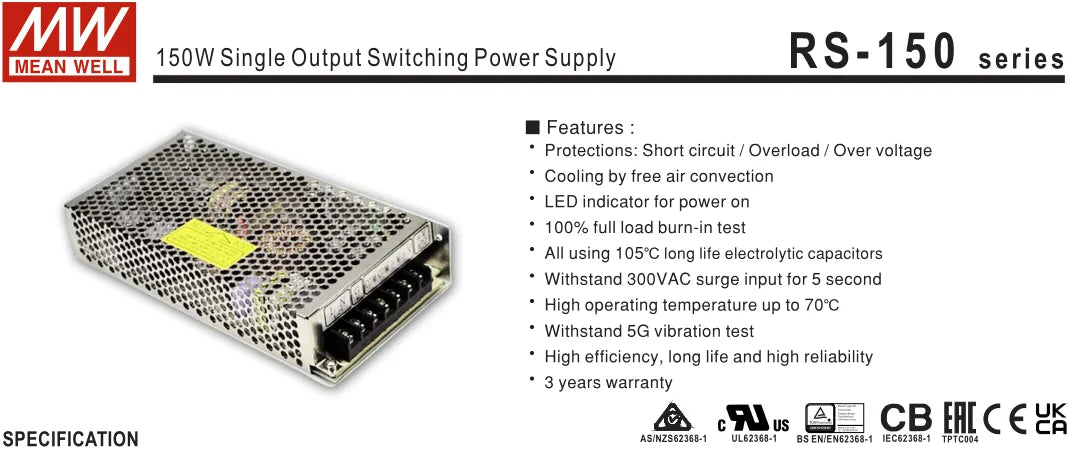 Mean Well RS-Series 150W Single Output Switching Power Supply (5, 12, 15, 24, 48)V